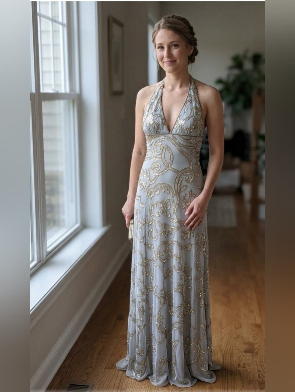 Sequin Beaded Halter Evening Gown in Light Gray and Gold Formal Prom Ball XS